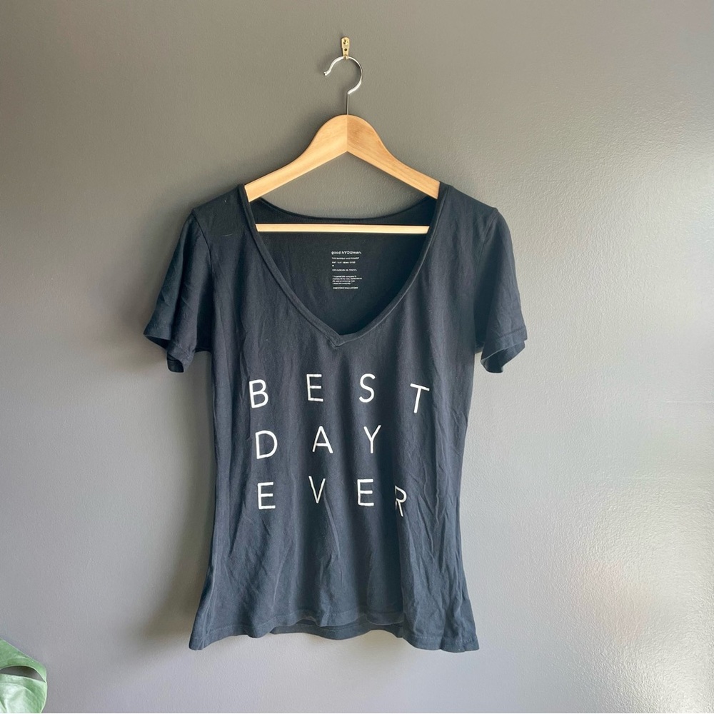 Good hYOUman Women V Neck Best Day Ever Black Deep V Neck Logo Tee Shirt Size S